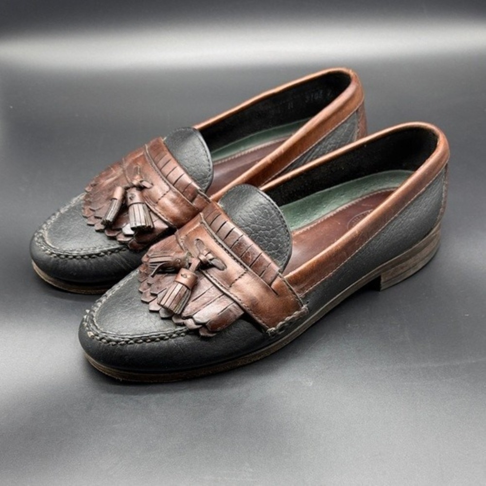 HS Trask Men Bison Leather Kiltie Tassel Loafers Black Brown Two Tone 11 M 31062